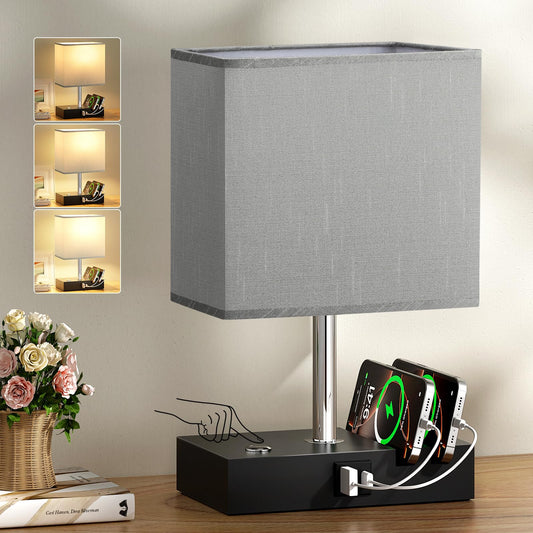 Wooden Bedside Table Lamp with USB-A & USB-C Charging Ports, Dimmable Touch Control & Phone Slots
