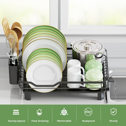 Dish Drainer Rack with Drainage Spout – Space-Saving Kitchen Drying Rack with Utensil & Cup Holders (Black)