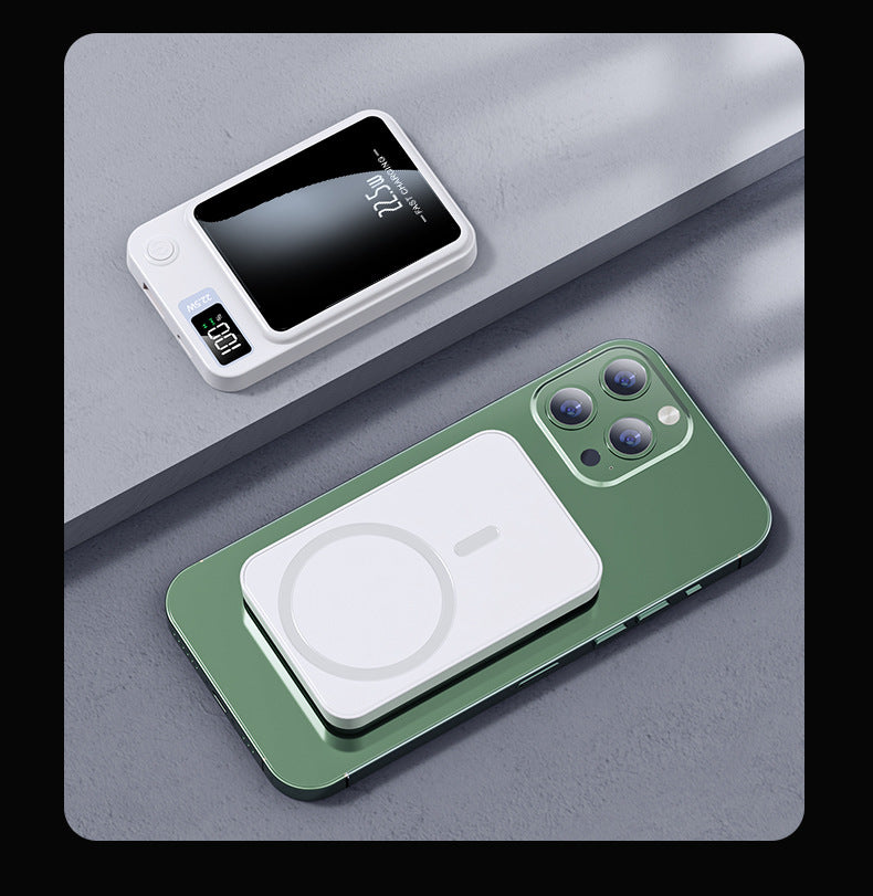 Magnetic wireless power bank attached to the back of an iPhone, charging without a cable