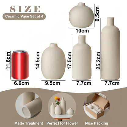 Decorative Ceramic Vase Set – 4-Piece Modern Boho Design for Living Room, Mantel & Entryway