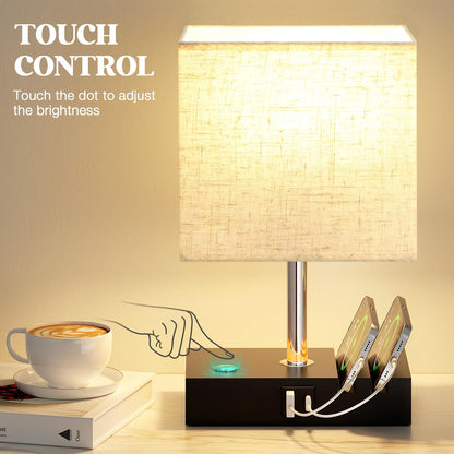 Wooden Bedside Table Lamp with USB-A & USB-C Charging Ports, Dimmable Touch Control & Phone Slots