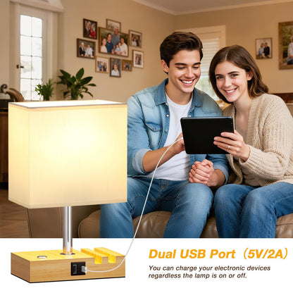 Wooden Bedside Table Lamp with USB-A & USB-C Charging Ports, Dimmable Touch Control & Phone Slots