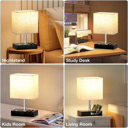 Wooden Bedside Table Lamp with USB-A & USB-C Charging Ports, Dimmable Touch Control & Phone Slots