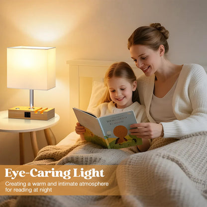Wooden Bedside Table Lamp with USB-A & USB-C Charging Ports, Dimmable Touch Control & Phone Slots