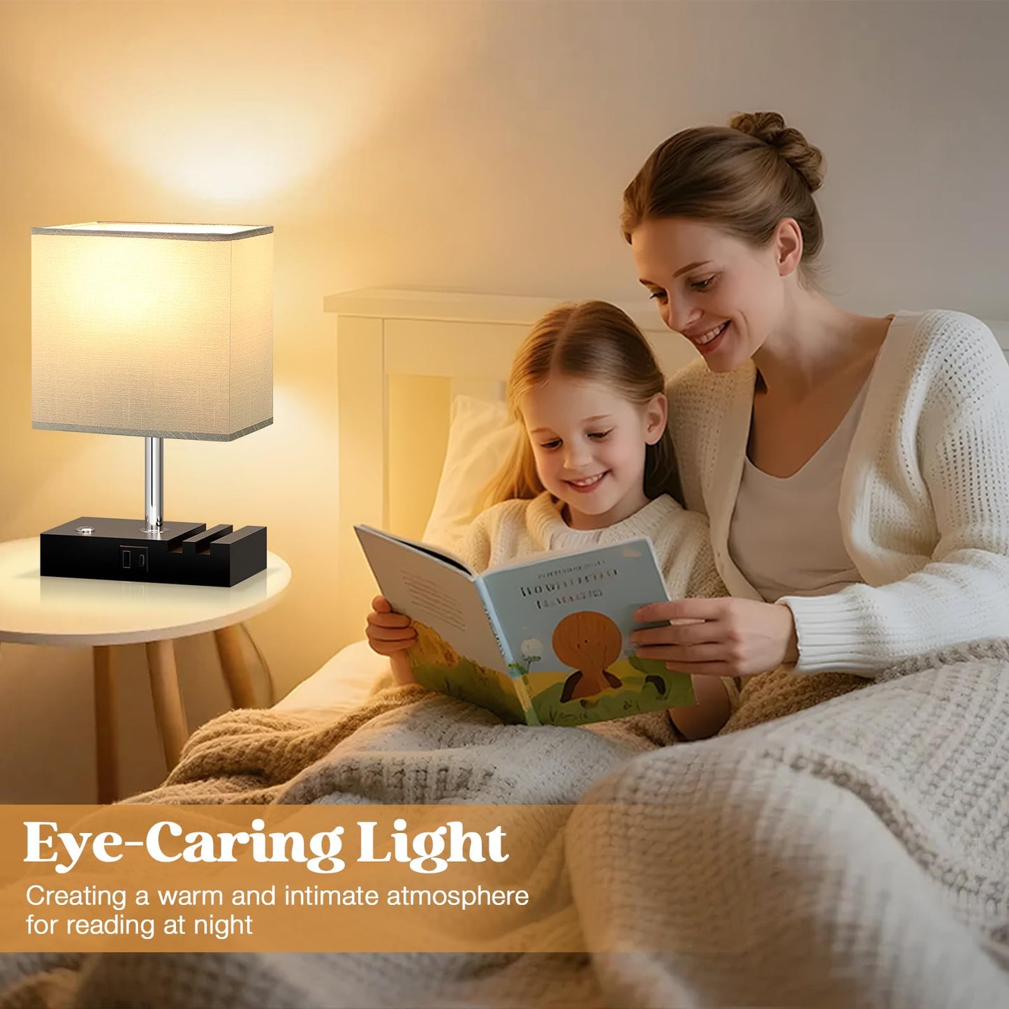 Wooden Bedside Table Lamp with USB-A & USB-C Charging Ports, Dimmable Touch Control & Phone Slots