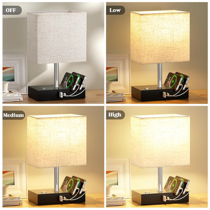 Wooden Bedside Table Lamp with USB-A & USB-C Charging Ports, Dimmable Touch Control & Phone Slots
