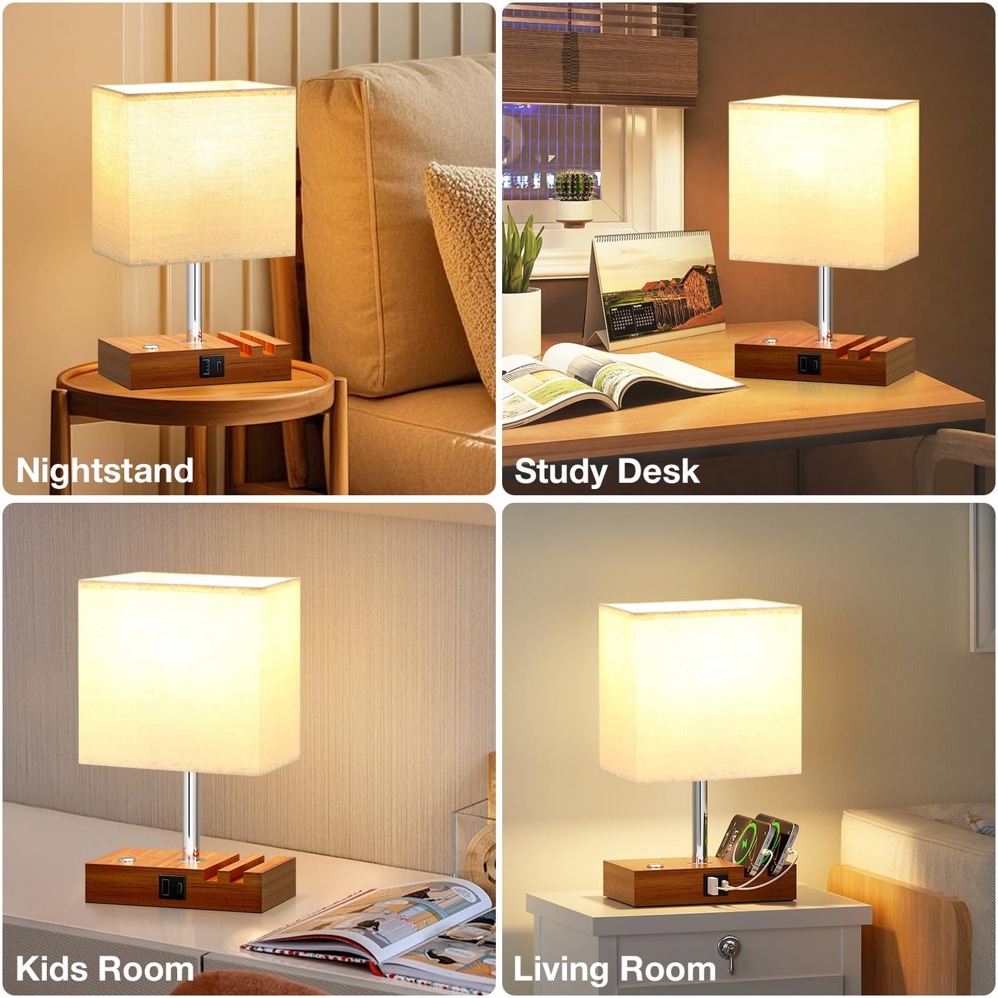 Wooden Bedside Table Lamp with USB-A & USB-C Charging Ports, Dimmable Touch Control & Phone Slots