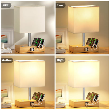 Wooden Bedside Table Lamp with USB-A & USB-C Charging Ports, Dimmable Touch Control & Phone Slots