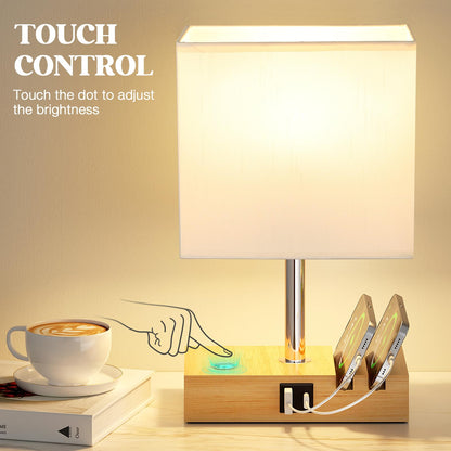 Wooden Bedside Table Lamp with USB-A & USB-C Charging Ports, Dimmable Touch Control & Phone Slots