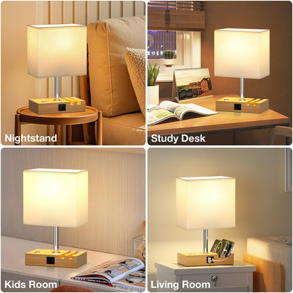Wooden Bedside Table Lamp with USB-A & USB-C Charging Ports, Dimmable Touch Control & Phone Slots