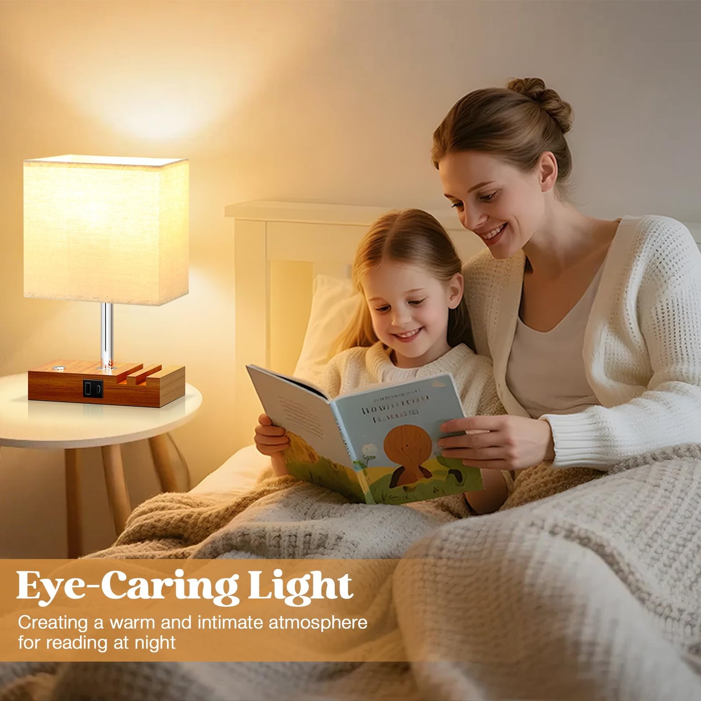 Wooden Bedside Table Lamp with USB-A & USB-C Charging Ports, Dimmable Touch Control & Phone Slots