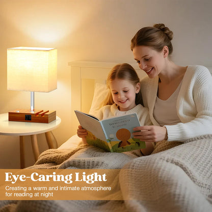 Wooden Bedside Table Lamp with USB-A & USB-C Charging Ports, Dimmable Touch Control & Phone Slots