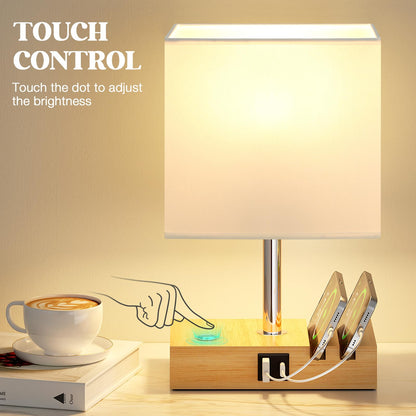 Wooden Bedside Table Lamp with USB-A & USB-C Charging Ports, Dimmable Touch Control & Phone Slots