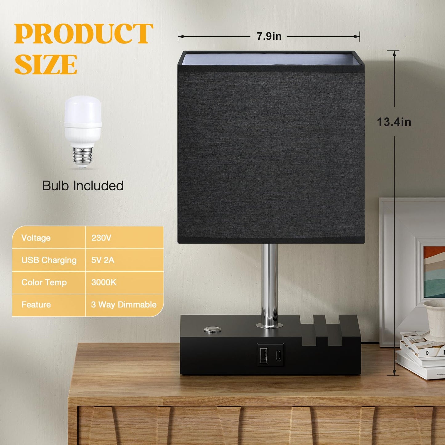 Wooden Bedside Table Lamp with USB-A & USB-C Charging Ports, Dimmable Touch Control & Phone Slots