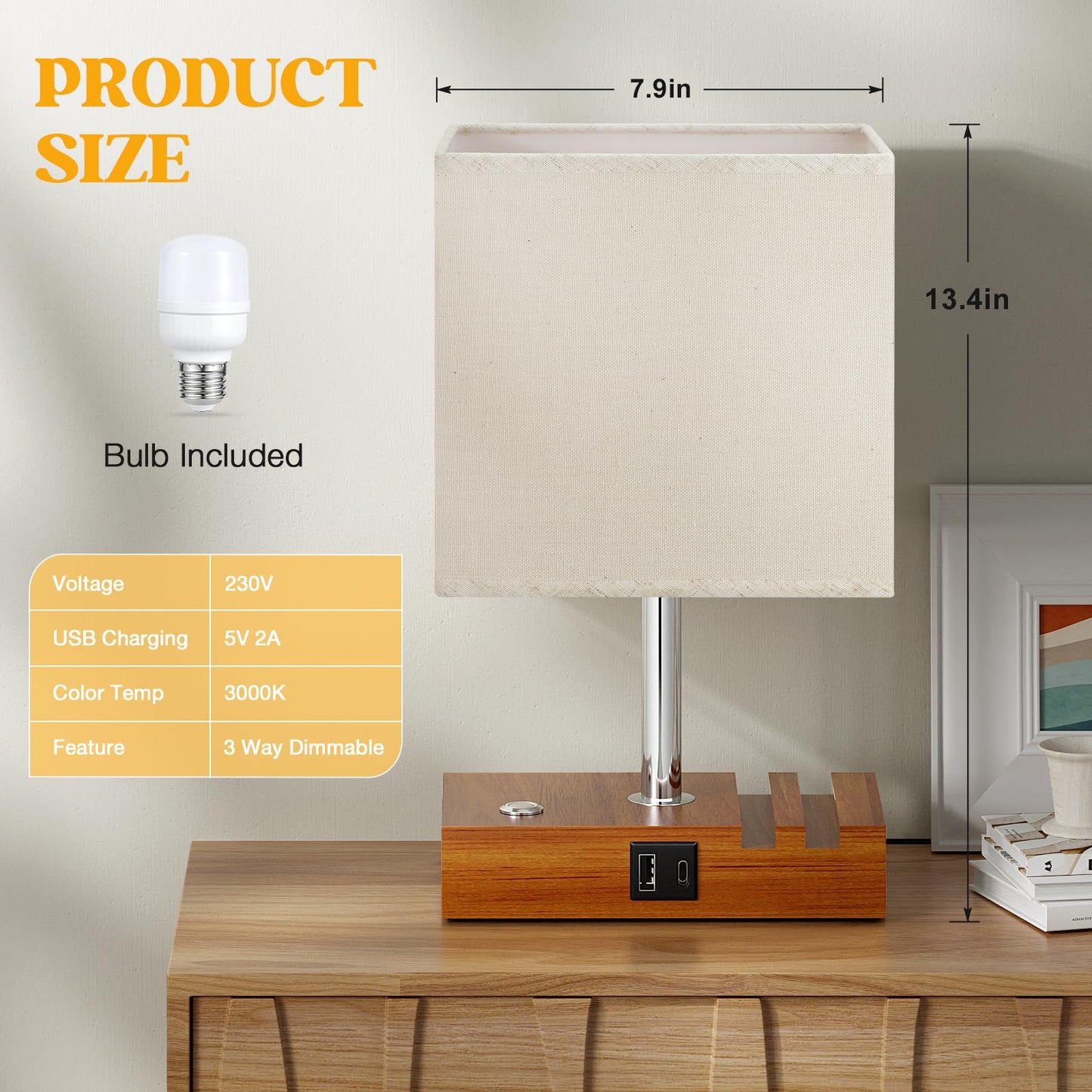 Wooden Bedside Table Lamp with USB-A & USB-C Charging Ports, Dimmable Touch Control & Phone Slots