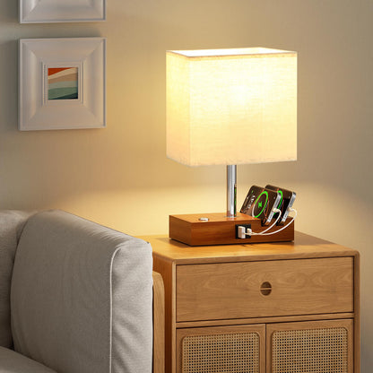 Wooden Bedside Table Lamp with USB-A & USB-C Charging Ports, Dimmable Touch Control & Phone Slots