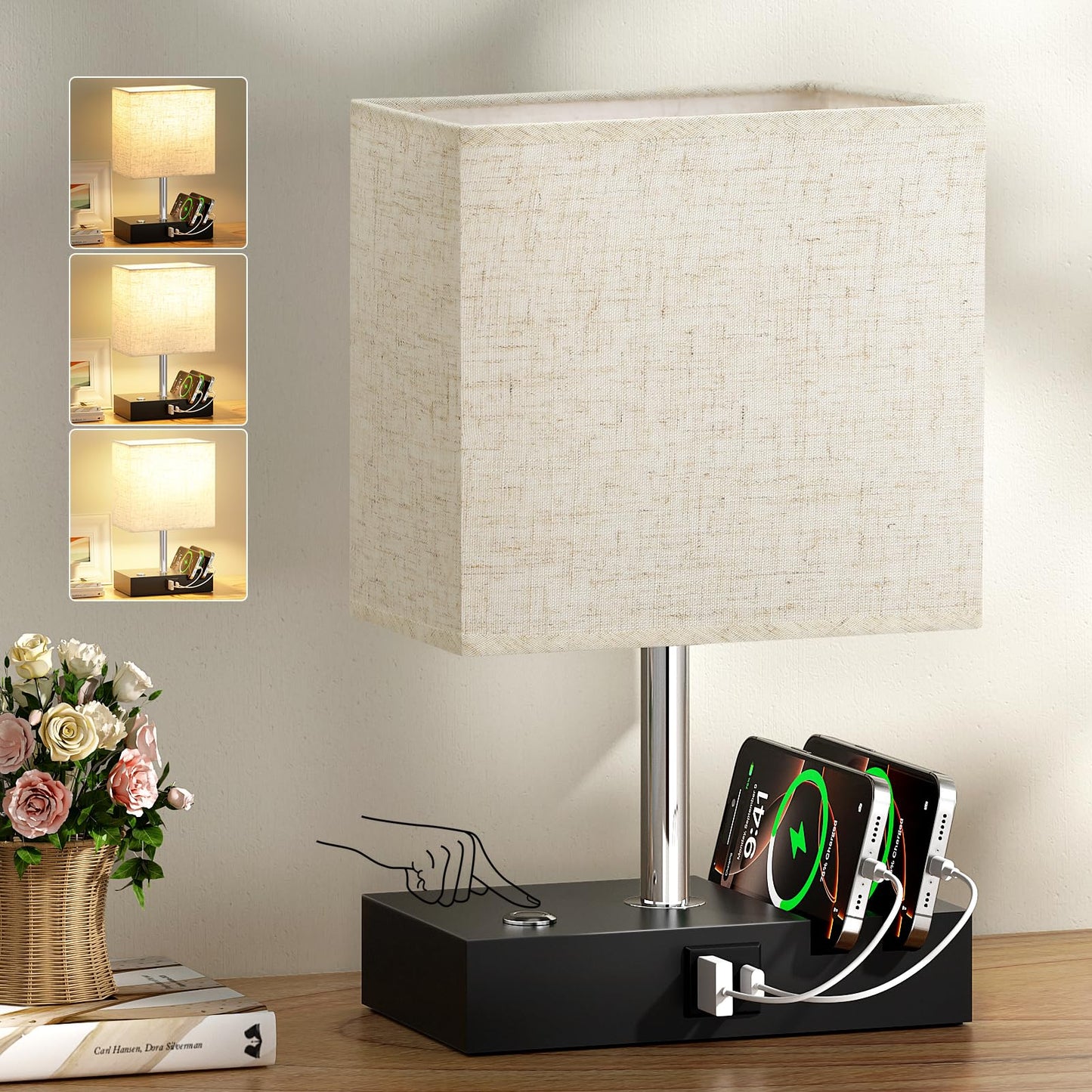 Wooden Bedside Table Lamp with USB-A & USB-C Charging Ports, Dimmable Touch Control & Phone Slots
