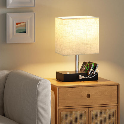 Wooden Bedside Table Lamp with USB-A & USB-C Charging Ports, Dimmable Touch Control & Phone Slots