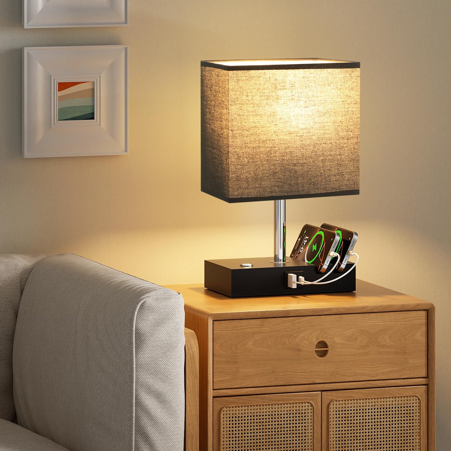 Wooden Bedside Table Lamp with USB-A & USB-C Charging Ports, Dimmable Touch Control & Phone Slots