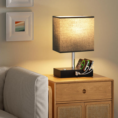 Wooden Bedside Table Lamp with USB-A & USB-C Charging Ports, Dimmable Touch Control & Phone Slots