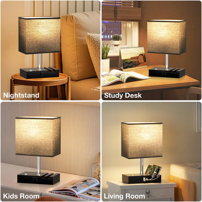 Wooden Bedside Table Lamp with USB-A & USB-C Charging Ports, Dimmable Touch Control & Phone Slots