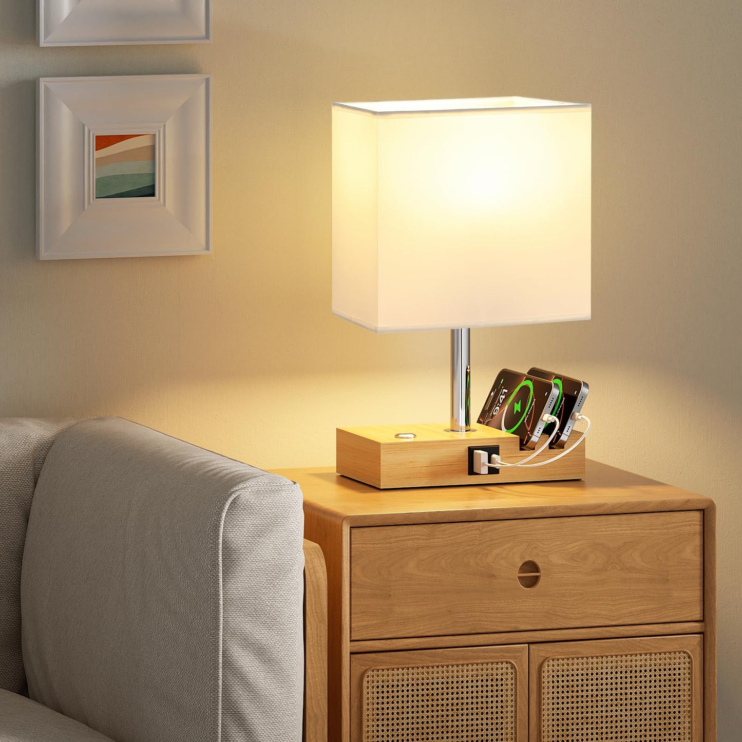 Wooden Bedside Table Lamp with USB-A & USB-C Charging Ports, Dimmable Touch Control & Phone Slots