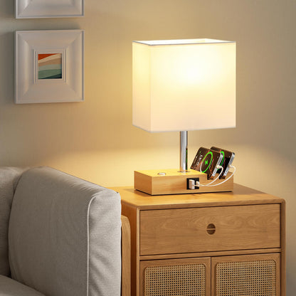 Wooden Bedside Table Lamp with USB-A & USB-C Charging Ports, Dimmable Touch Control & Phone Slots