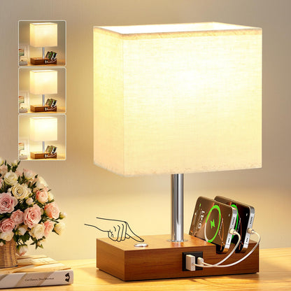 Wooden Bedside Table Lamp with USB-A & USB-C Charging Ports, Dimmable Touch Control & Phone Slots