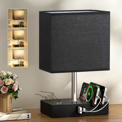Wooden Bedside Table Lamp with USB-A & USB-C Charging Ports, Dimmable Touch Control & Phone Slots