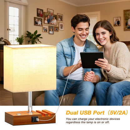 Wooden Bedside Table Lamp with USB-A & USB-C Charging Ports, Dimmable Touch Control & Phone Slots
