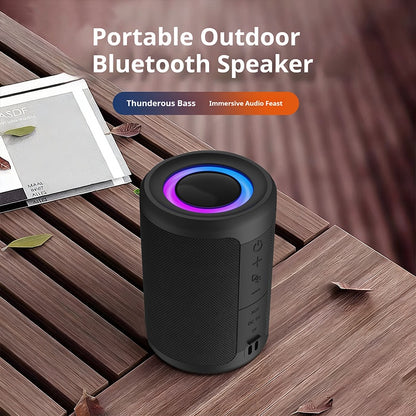 Portable Bluetooth speaker in black with LED lighting and detachable carry lanyard