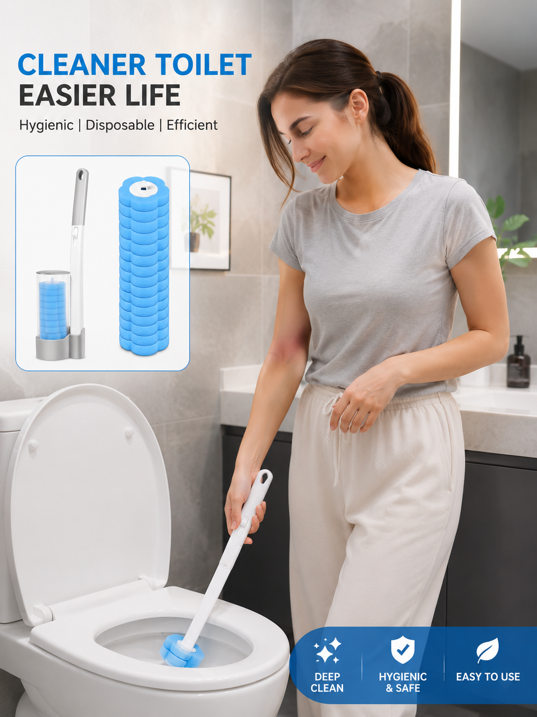 Disposable Toilet Brush Set with Replacement Heads — Hygienic No-Touch Bathroom Cleaner