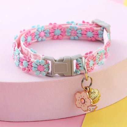 Cherry Blossom Embroidery Cat Collar with Bell