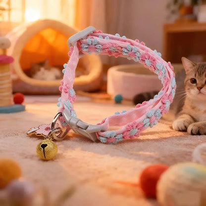 Cherry Blossom Embroidery Cat Collar with Bell