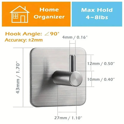 4-Piece Heavy-Duty Stainless Steel Adhesive Wall Hooks