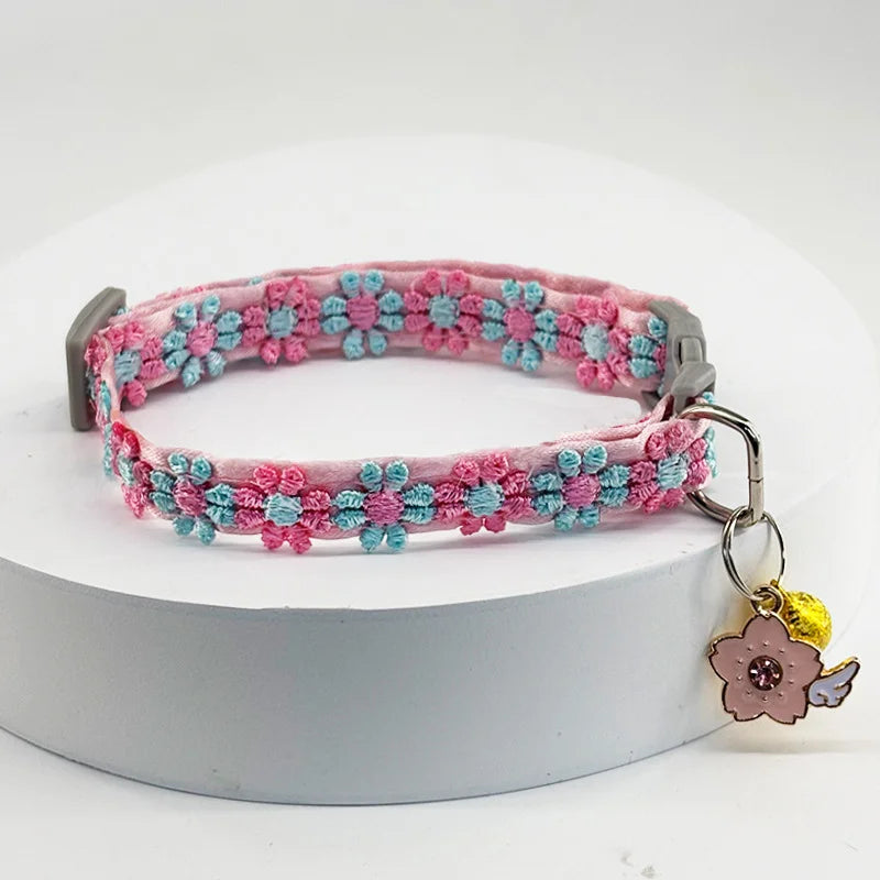 Cherry Blossom Embroidery Cat Collar with Bell