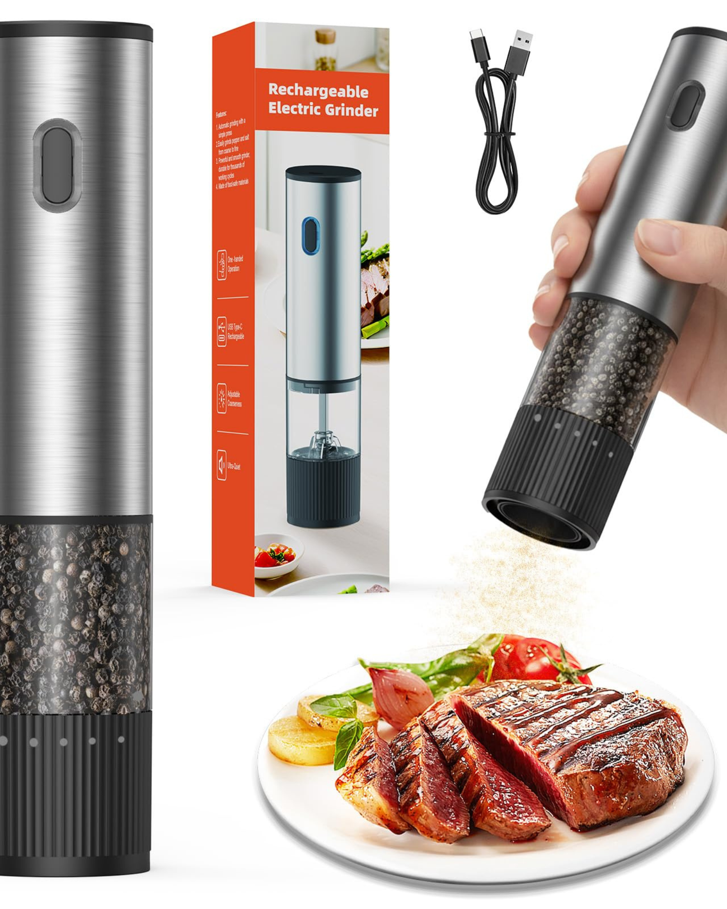 Electric Salt and Pepper Grinder with Adjustable Coarseness – One Hand Operation