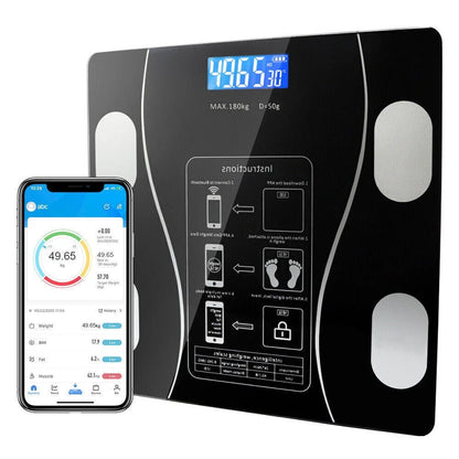 Black Bluetooth smart body fat scale with tempered glass top and digital LCD display