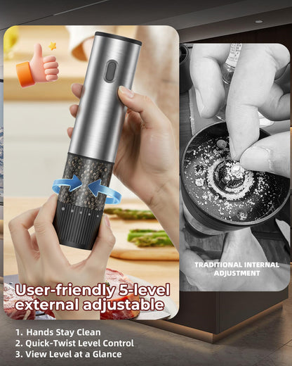Electric Salt and Pepper Grinder with Adjustable Coarseness – One Hand Operation