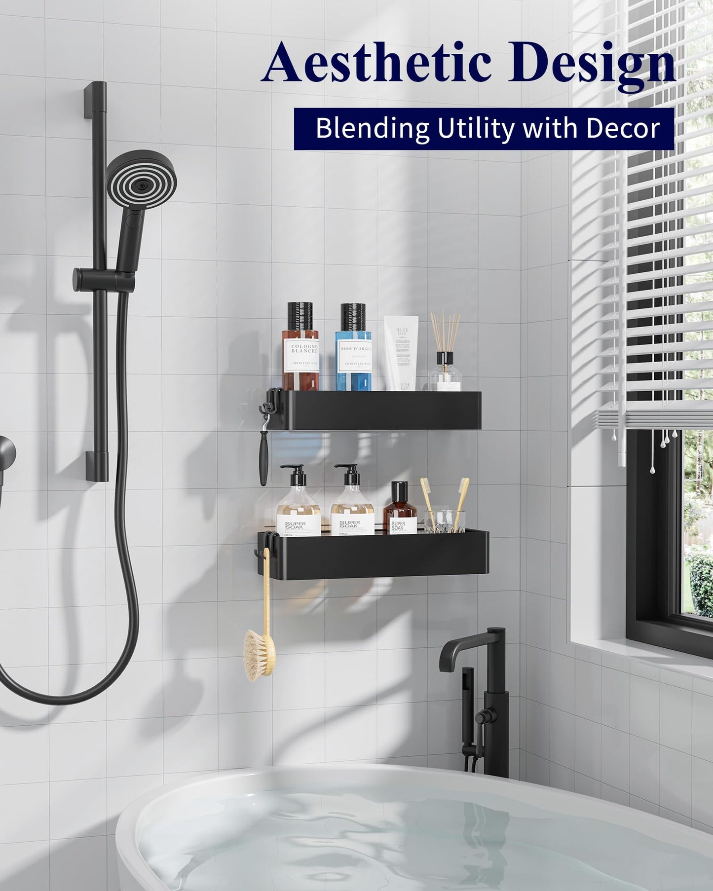 Shower Caddy 2 Pack – Rustproof Wall Mounted Bathroom Shelves with Hooks (Black)