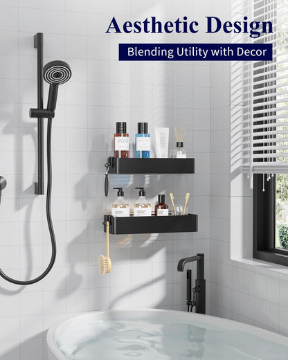 Shower Caddy 2 Pack – Rustproof Wall Mounted Bathroom Shelves with Hooks (Black)
