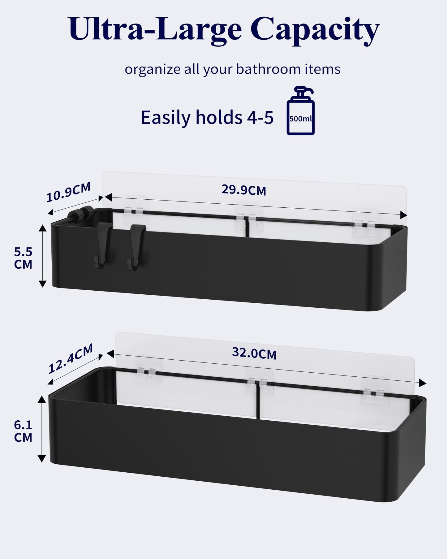 Shower Caddy 2 Pack – Rustproof Wall Mounted Bathroom Shelves with Hooks (Black)