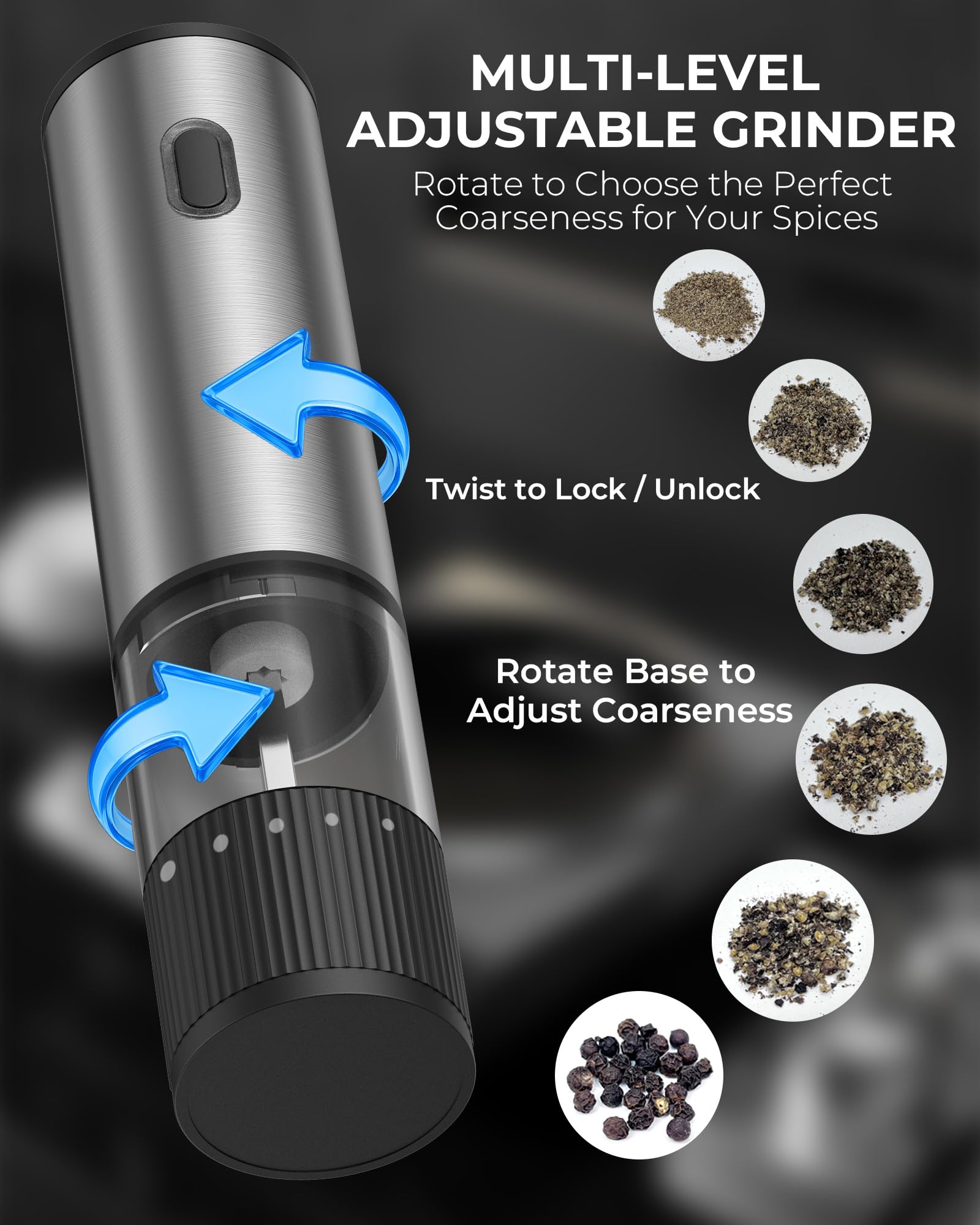 Electric Salt and Pepper Grinder with Adjustable Coarseness – One Hand Operation