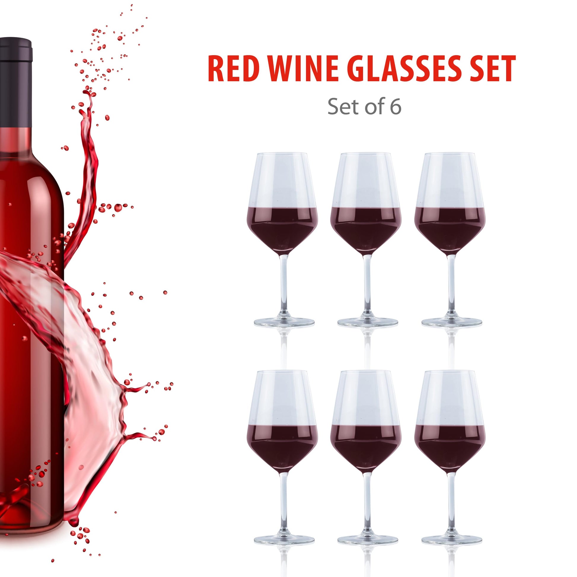 Red Wine Glass Set (6 Pieces, 53cl) – Clear Elegant Glasses for Dining & Home Use