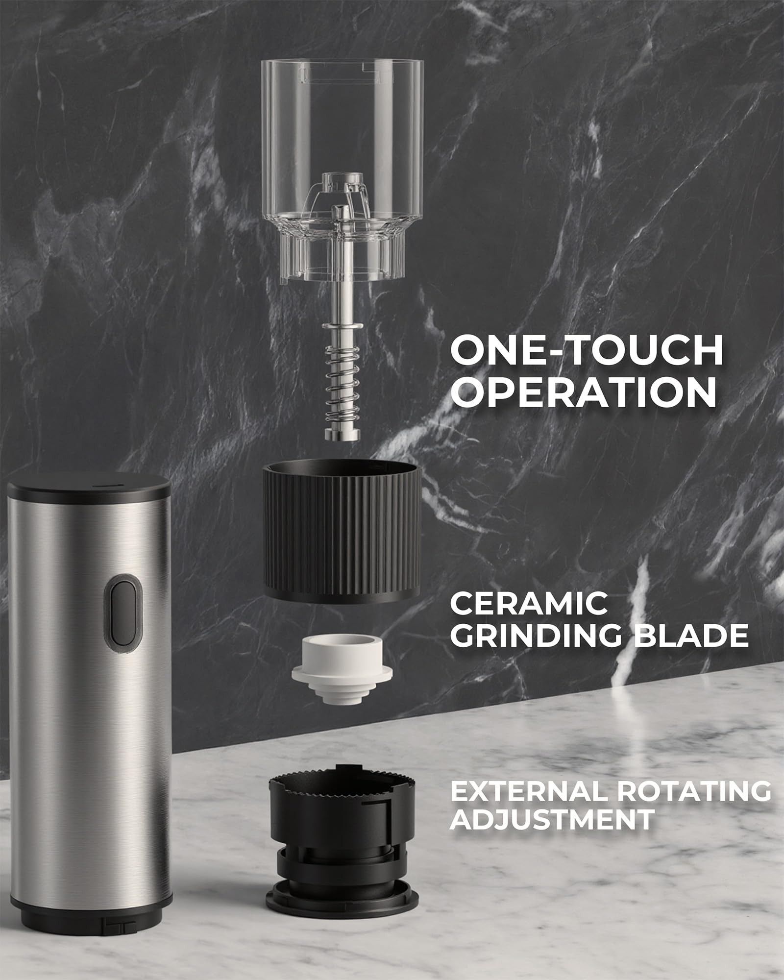 Electric Salt and Pepper Grinder with Adjustable Coarseness – One Hand Operation