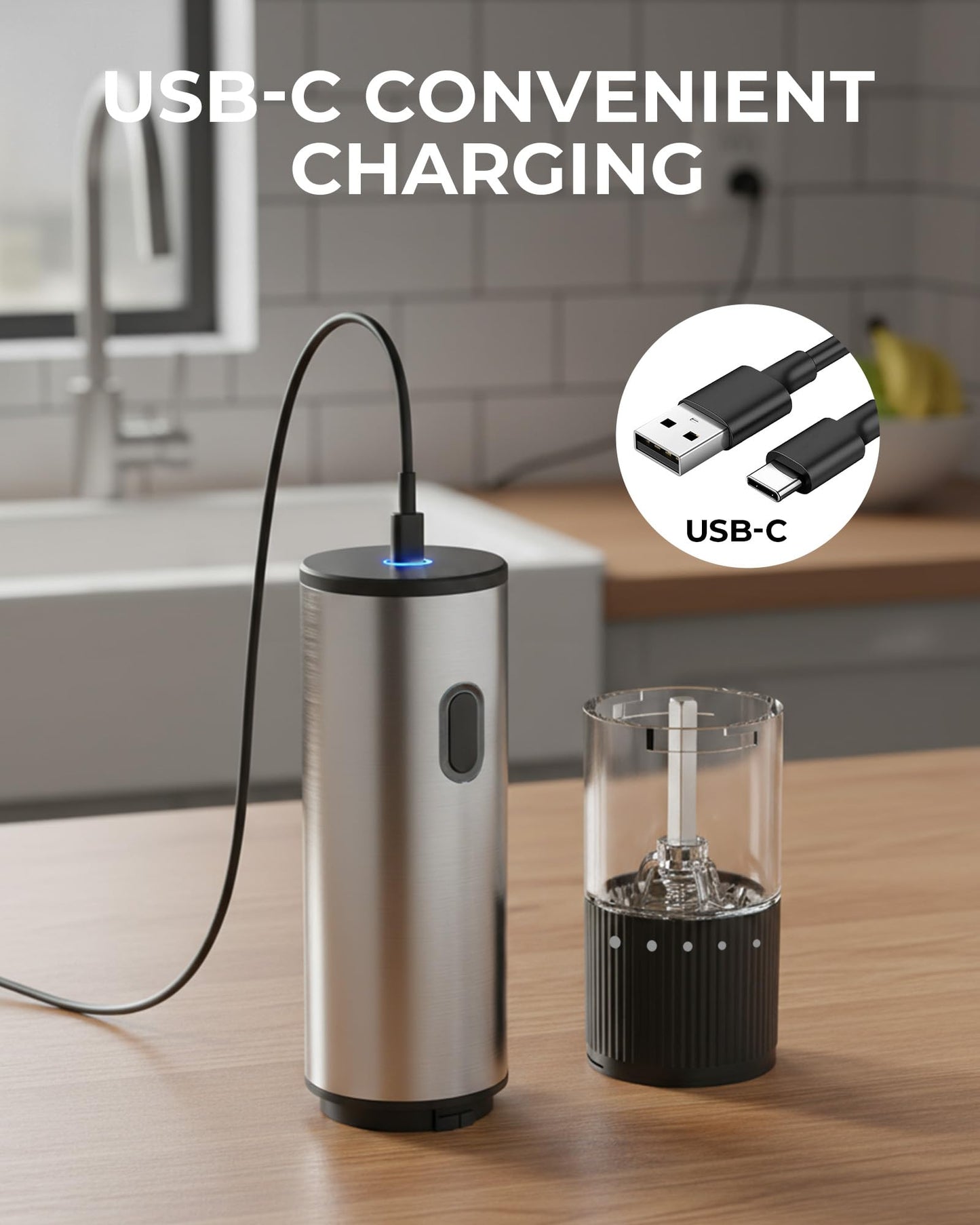 Electric Salt and Pepper Grinder with Adjustable Coarseness – One Hand Operation