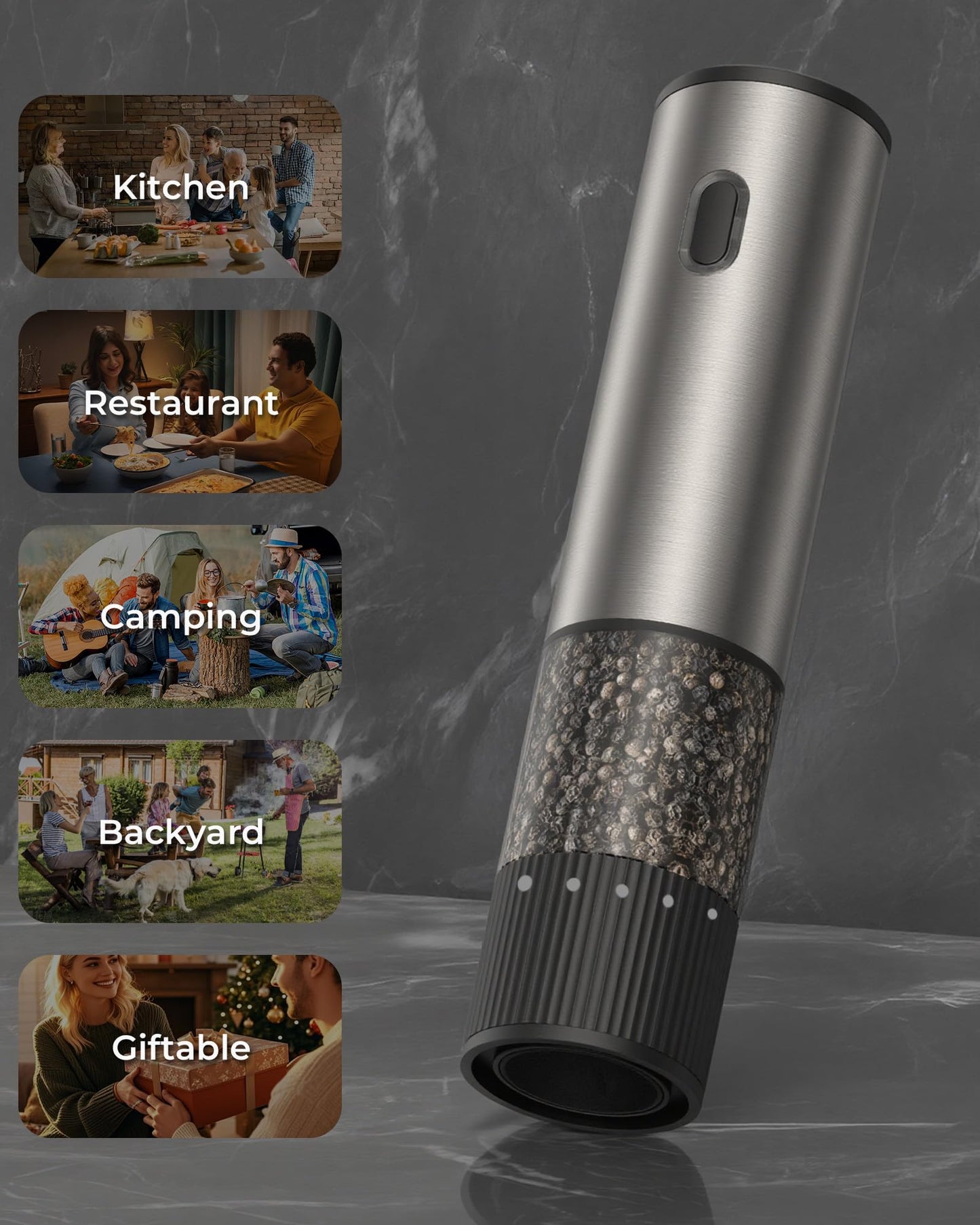 Electric Salt and Pepper Grinder with Adjustable Coarseness – One Hand Operation