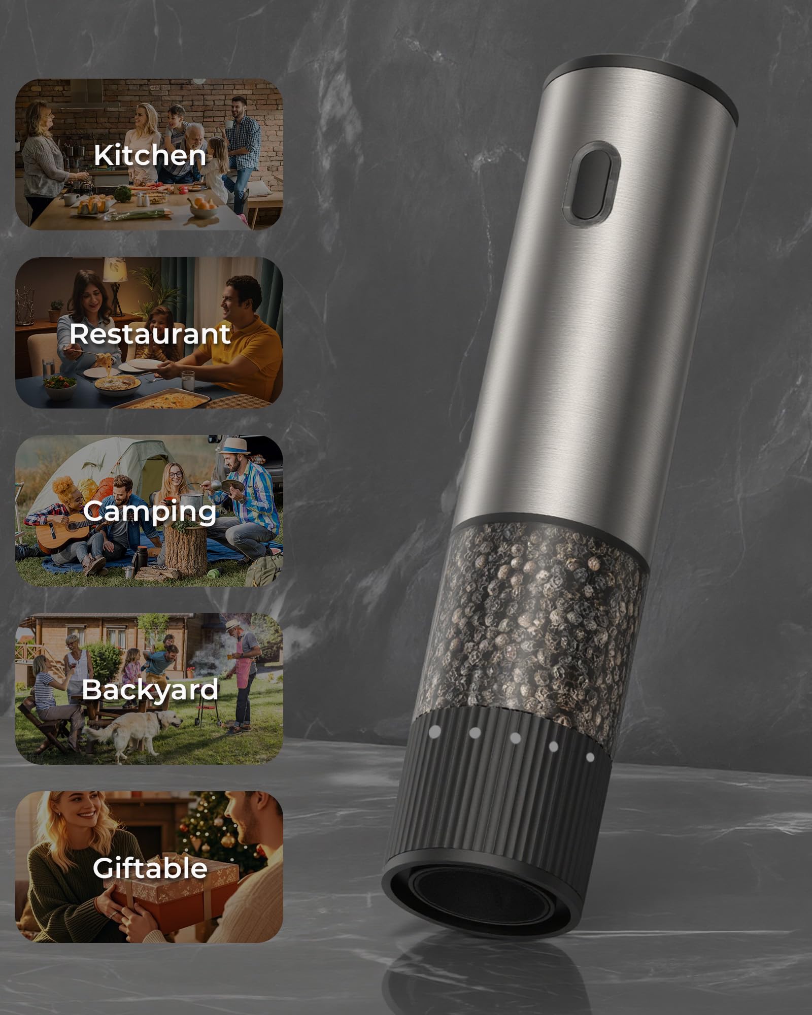 Electric Salt and Pepper Grinder with Adjustable Coarseness – One Hand Operation