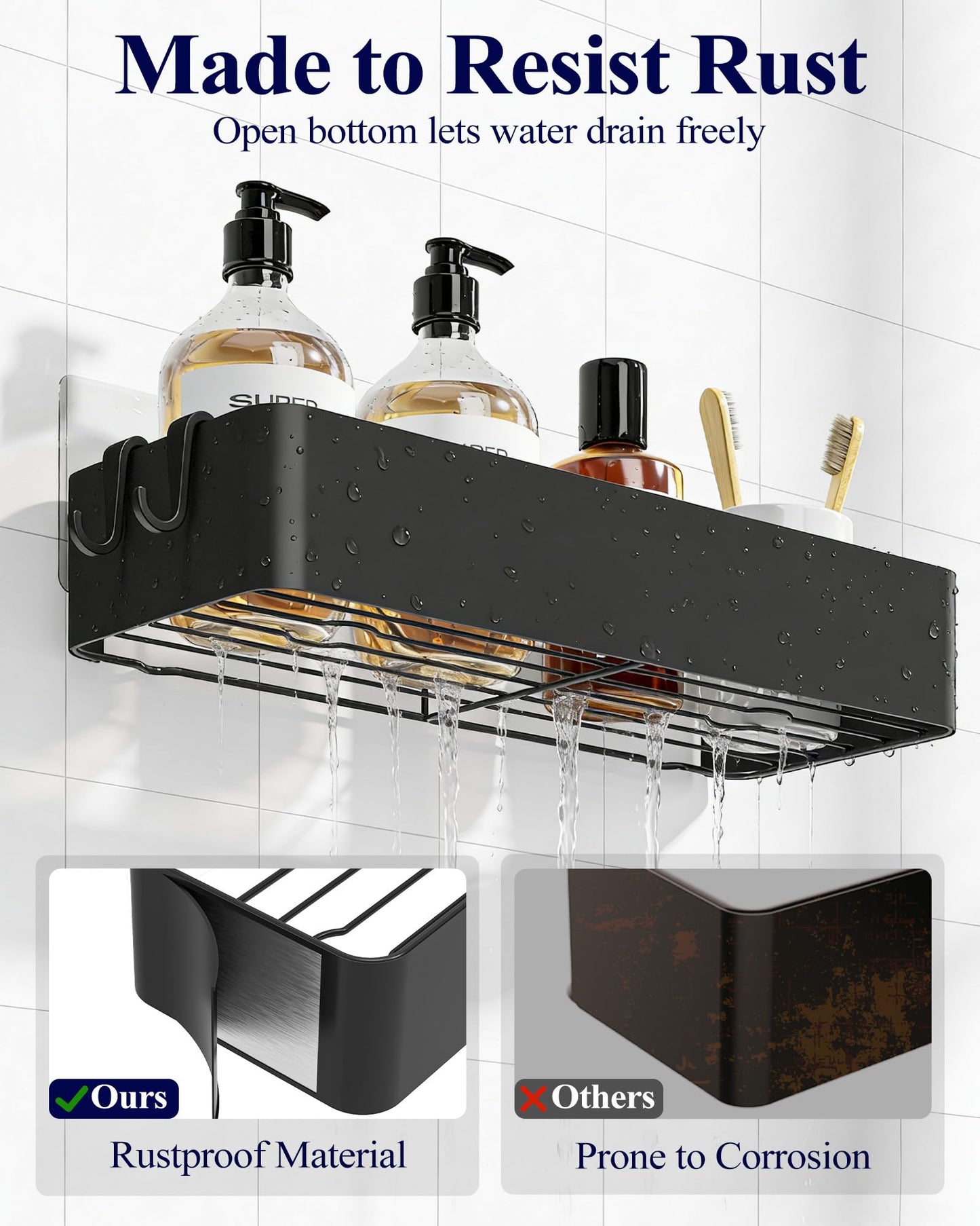 Shower Caddy 2 Pack – Rustproof Wall Mounted Bathroom Shelves with Hooks (Black)
