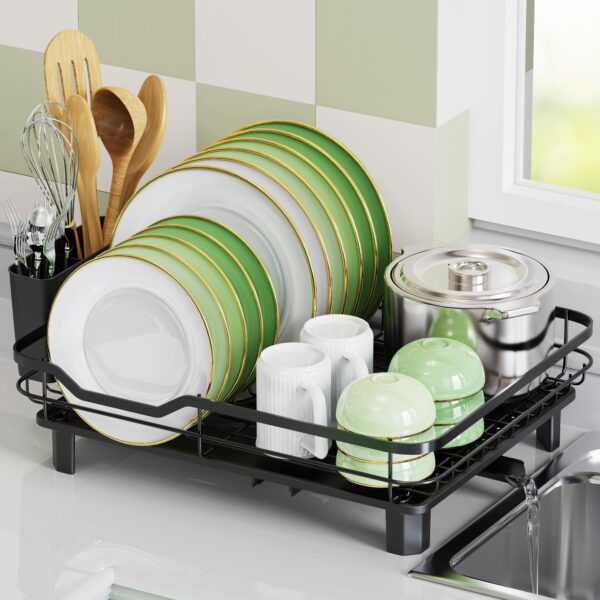 dish drainer rack with drainage spout – space saving kitchen drying rack with utensil & cup holders (black)